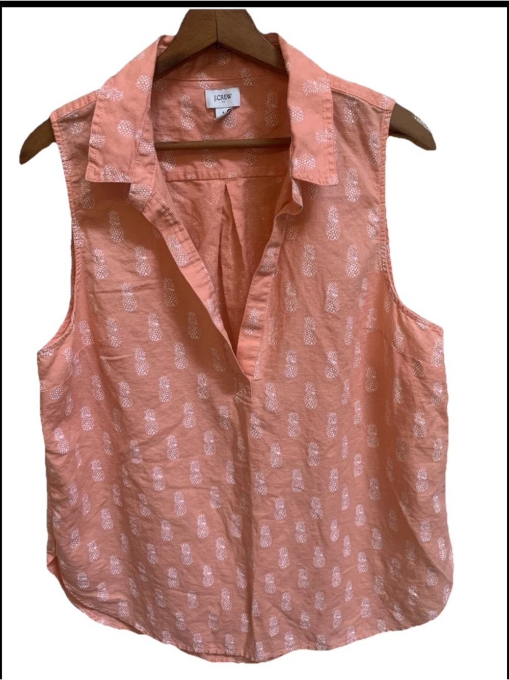 J. Crew Coral Sleeveless Pineapples Print Linen Cotton Blend Popover Sz L Top